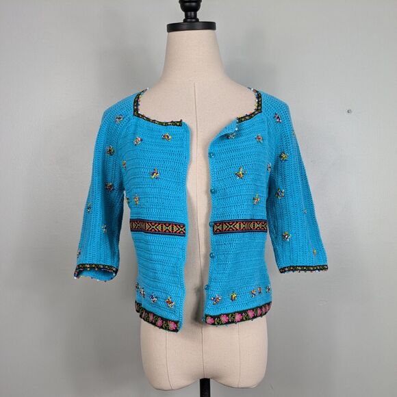 Vintage Crochet Cardigan Sweater Y2K 90s Floral Beaded Boho Hippie Blue M - Picture 1 of 11